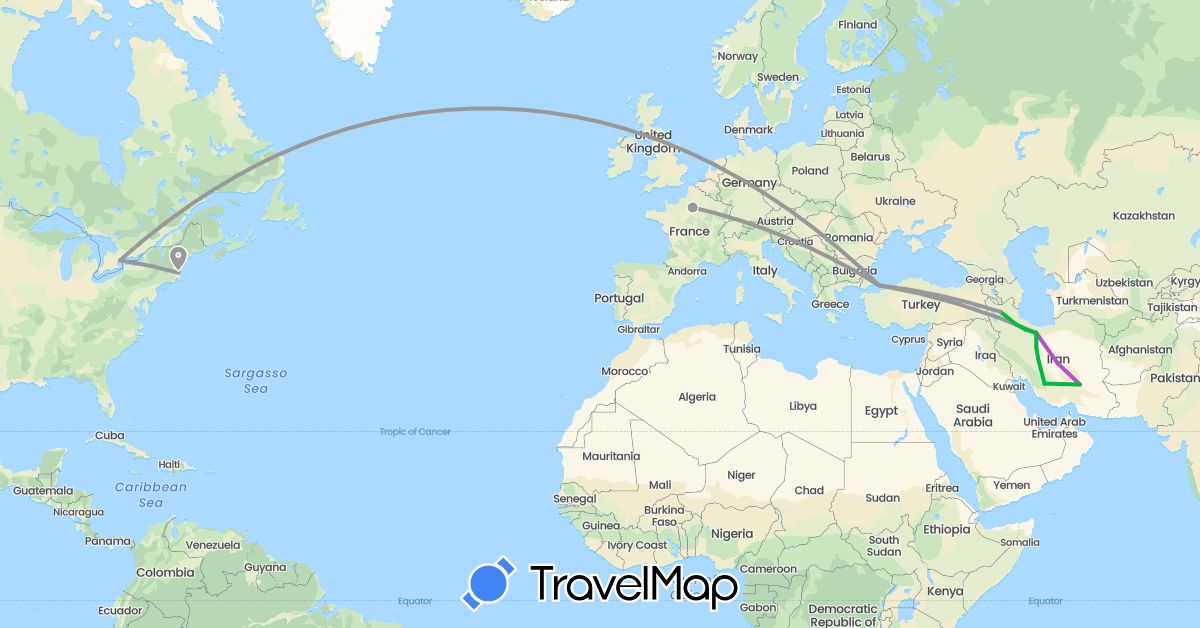 TravelMap itinerary: bus, plane, train in France, Iran, Turkey, United States (Asia, Europe, North America)